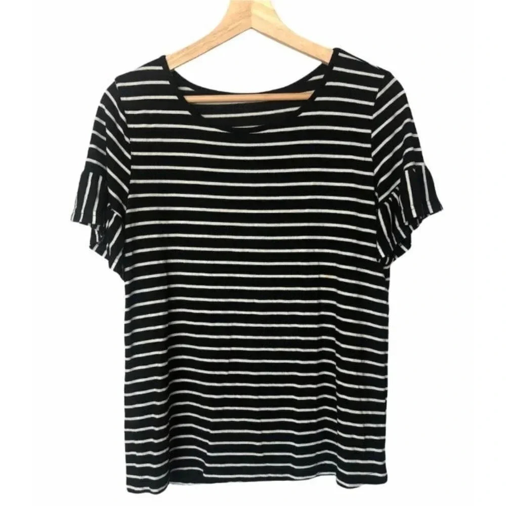 Boutique Black & White Stripe Flutter Short Sleeve Top S